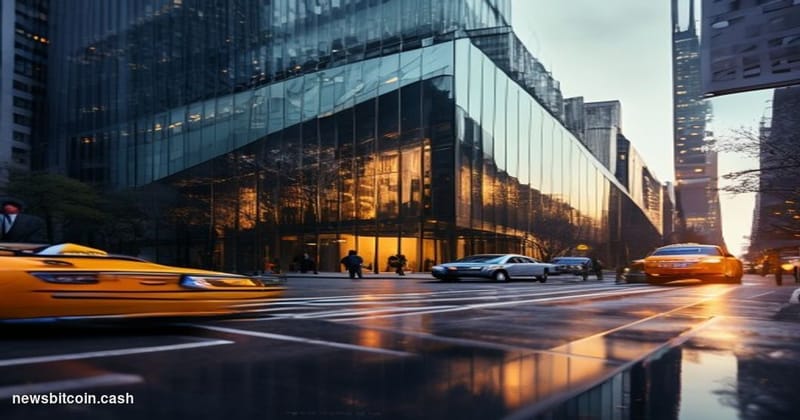 A cinematic photorealistic editorial photograph showing the imposing glass facade of the New York Department of Financial Ser
