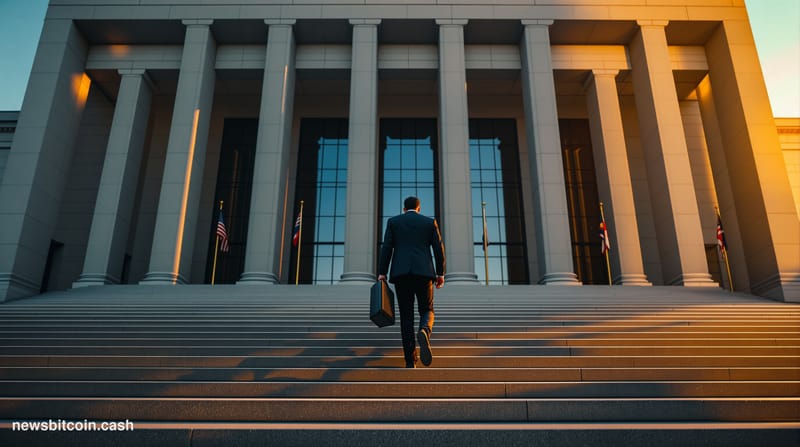 A cinematic photorealistic editorial photograph of a modern federal courthouse exterior with imposing concrete columns and gl