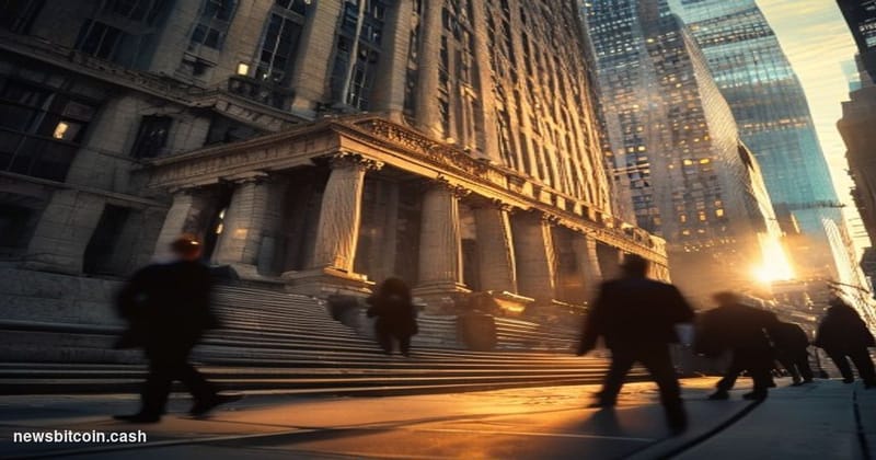 A cinematic photorealistic editorial photograph showing the imposing New York State Department of Financial Services building