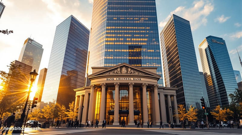 A cinematic photorealistic editorial photograph showing the imposing glass facade of a major bank headquarters building (reco