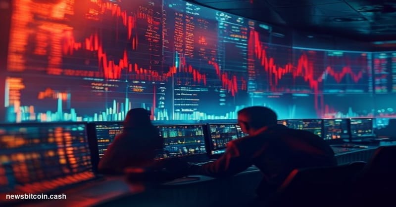 A dramatic cinematic editorial photograph of cryptocurrency trading screens displaying red candlestick charts and declining p