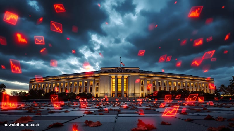 A cinematic photorealistic editorial photograph showing the Pentagon's distinctive five-sided architecture from a low angle d