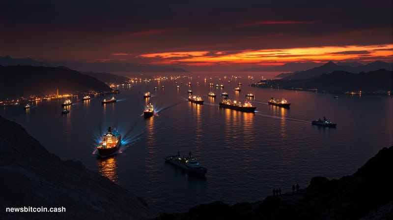 A dramatic cinematic photorealistic editorial photograph capturing the Strait of Hormuz at dusk, with the narrow waterway's s