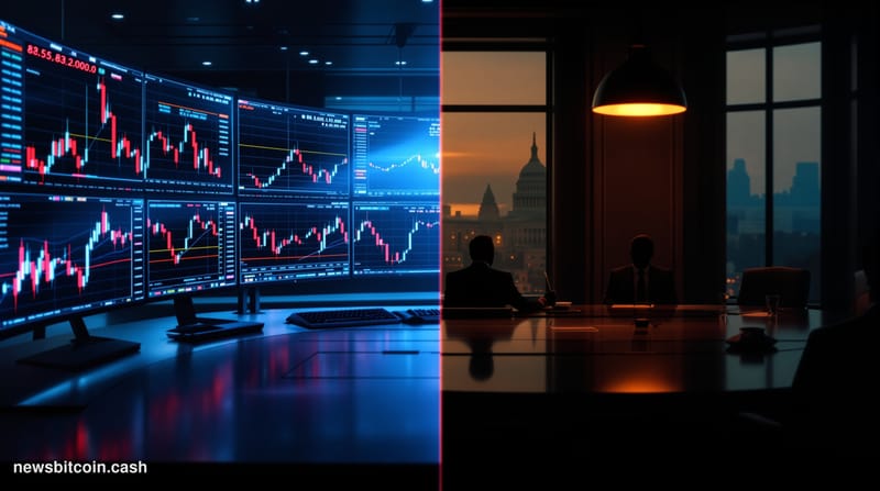 A cinematic photorealistic editorial photograph showing a dramatic split composition: the left half features a sleek trading 