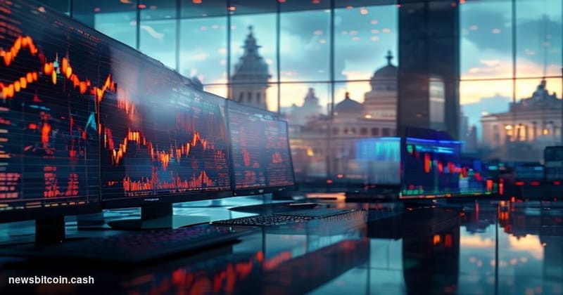 A dramatic photorealistic editorial photograph capturing the intersection of geopolitical tension and cryptocurrency markets.