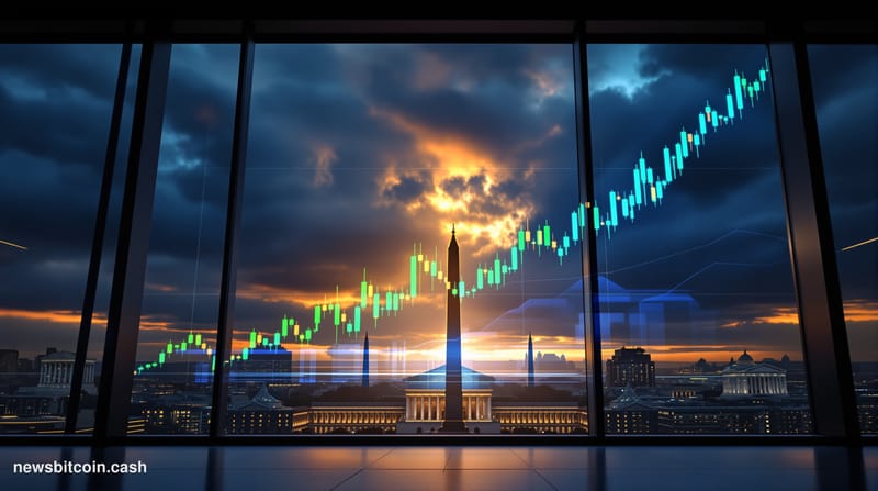 A cinematic photorealistic editorial photograph showing the contrast between geopolitical tension and market recovery. The fo
