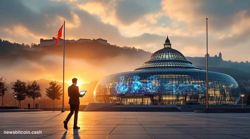 A cinematic photorealistic editorial photograph showing the Georgian Parliament building in Tbilisi with its distinctive glas
