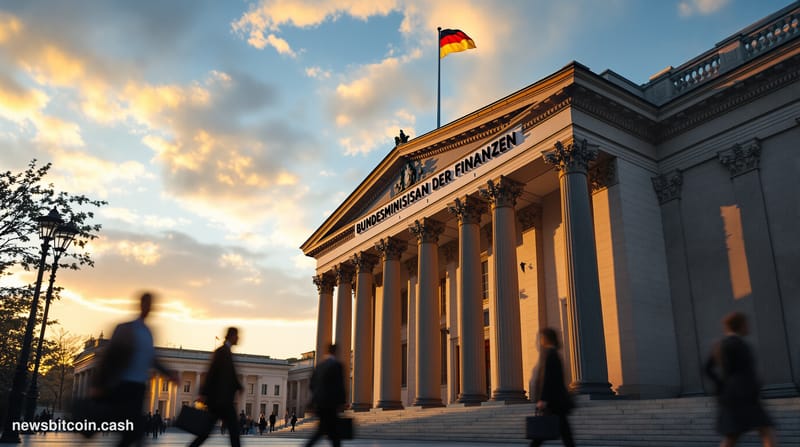 A cinematic photorealistic editorial photograph of the German Federal Ministry of Finance building in Berlin, shot during gol
