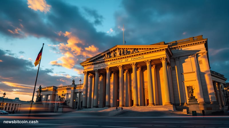 A cinematic photorealistic editorial photograph of the German Federal Ministry of Finance building in Berlin, shot during gol