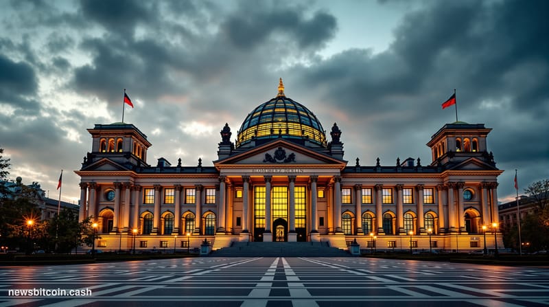 A cinematic photorealistic editorial photograph of the German Bundestag building in Berlin during late afternoon, shot from a