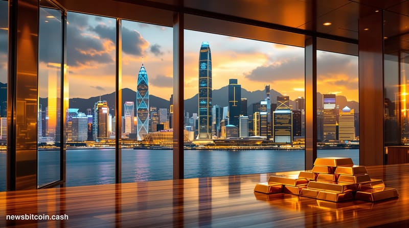 A cinematic photorealistic editorial photograph showing Hong Kong's iconic financial district skyline at golden hour, with gl