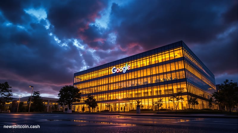 A dramatic cinematic photorealistic editorial photograph showing the Google headquarters campus in Mountain View, California 