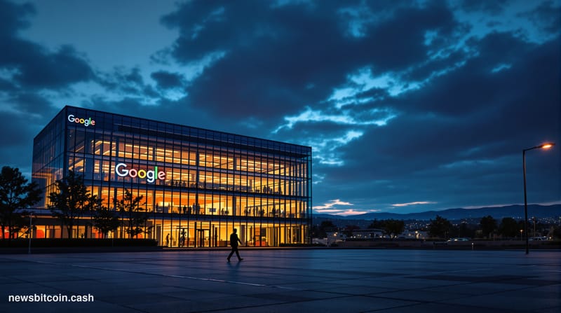 A cinematic photorealistic editorial photograph showing the exterior of Google's Mountain View headquarters campus at dusk, w