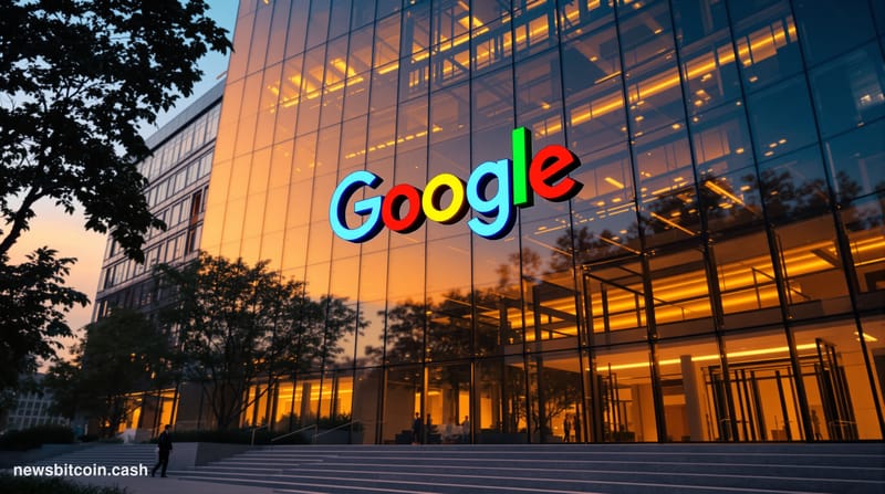 A cinematic photorealistic editorial photograph showing the imposing glass facade of Google's Mountain View headquarters in C