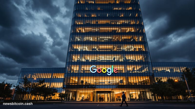 A dramatic photorealistic editorial photograph showing the imposing glass facade of Google's Mountain View headquarters under