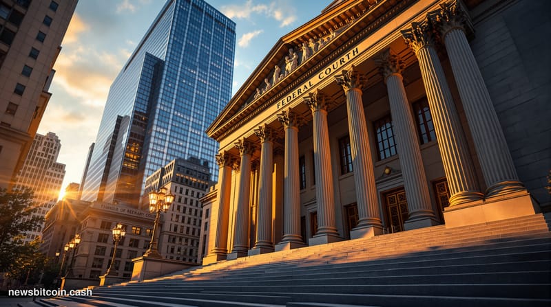 A cinematic photorealistic editorial photograph of the imposing federal courthouse in Lower Manhattan where FTX bankruptcy pr
