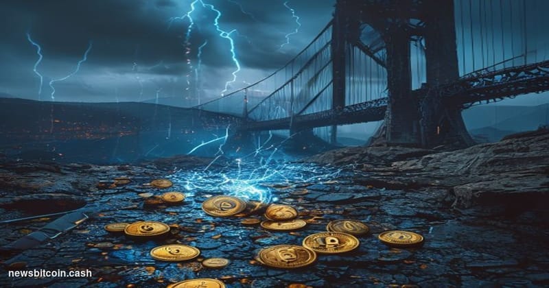 A cinematic photorealistic editorial photograph showing a dramatic nighttime scene of a damaged suspension bridge spanning ac