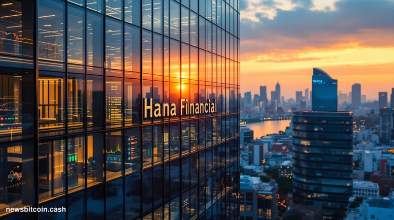 A cinematic photorealistic editorial photograph capturing the intersection of traditional Korean finance and cryptocurrency i
