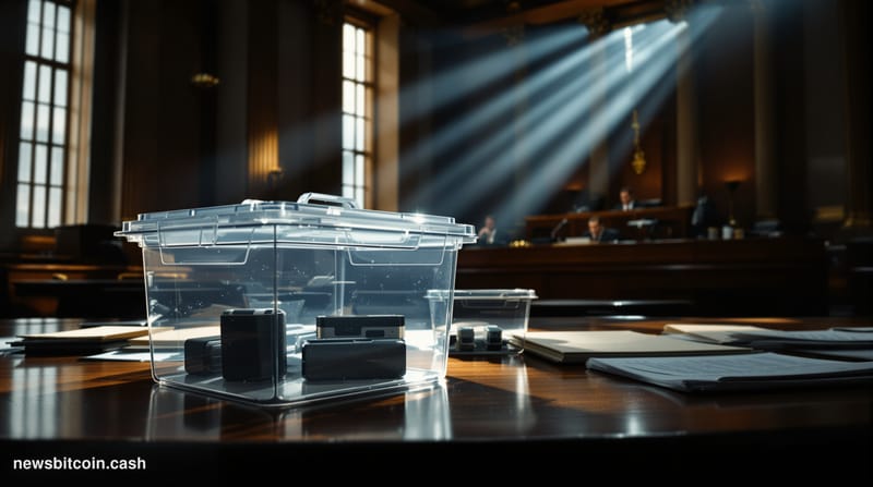 A cinematic photorealistic editorial photograph showing the interior of a federal courthouse sentencing chamber, with dramati