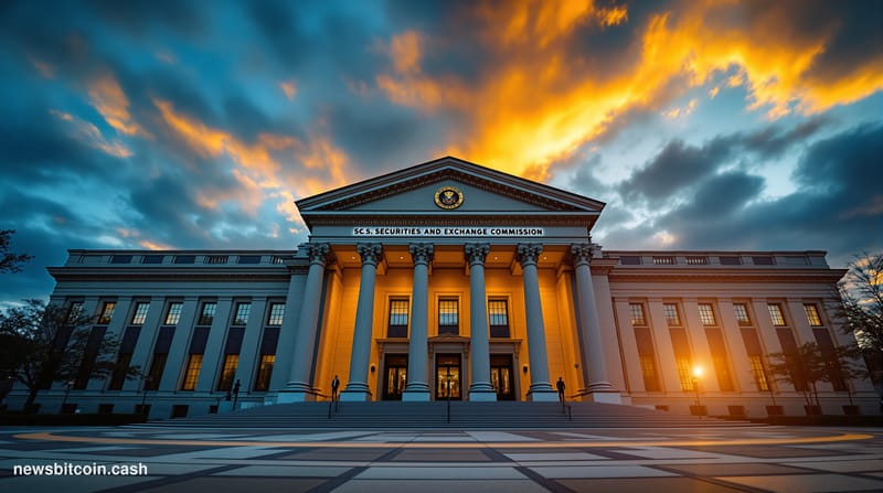 A dramatic cinematic photograph of the SEC headquarters building in Washington D.C. during golden hour, with the imposing neo