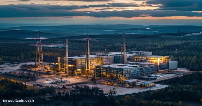 A cinematic photorealistic editorial photograph showing a modern industrial data center complex under construction in the Ont