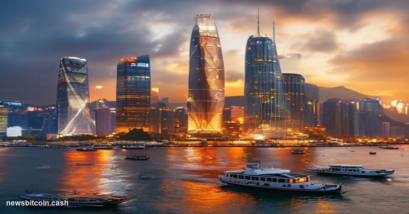 A cinematic photorealistic editorial photograph showcasing Hong Kong's financial district skyline at golden hour, shot from V