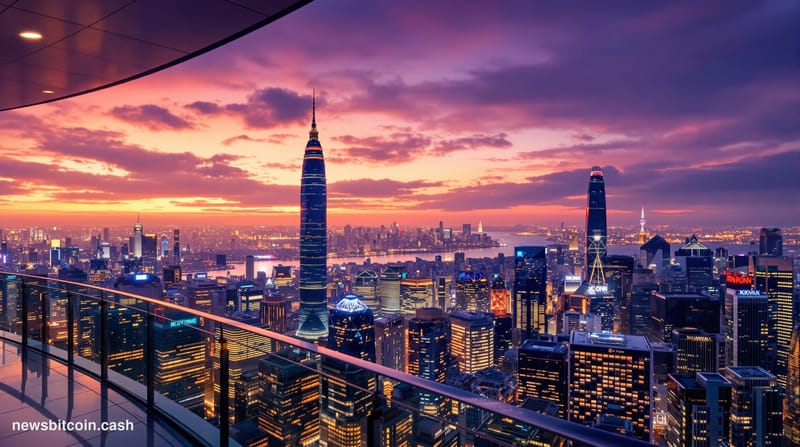 Cinematic photorealistic editorial photograph of Hong Kong's iconic skyline at dusk, shot from Victoria Peak looking down at 