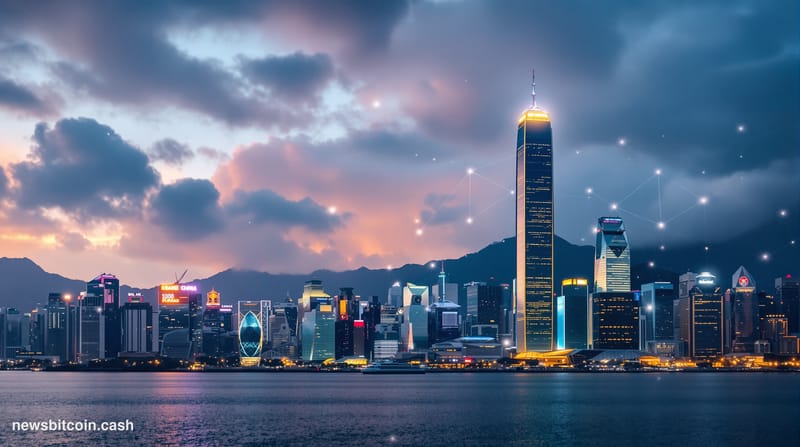 A cinematic photorealistic editorial photograph of Hong Kong's distinctive skyline at dusk, featuring the iconic Internationa