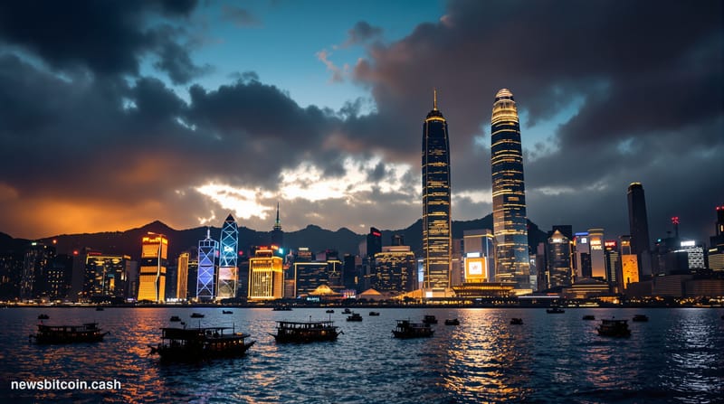 A cinematic photorealistic editorial photograph of Hong Kong's distinctive skyline at dusk, shot from Victoria Harbor with th