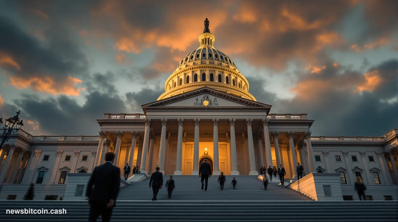 A dramatic cinematic photograph showing the imposing facade of the United States Capitol building in Washington D.C., shot du