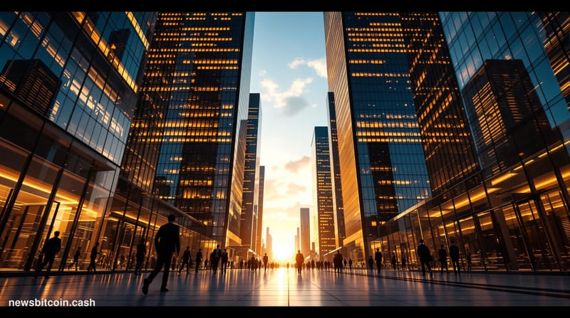 A cinematic photorealistic editorial photograph showing the iconic glass towers of London's Canary Wharf financial district a
