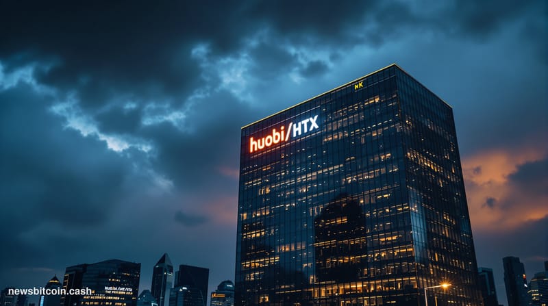 A dramatic cinematic photograph of the Huobi/HTX corporate headquarters building in Singapore's financial district at dusk, w