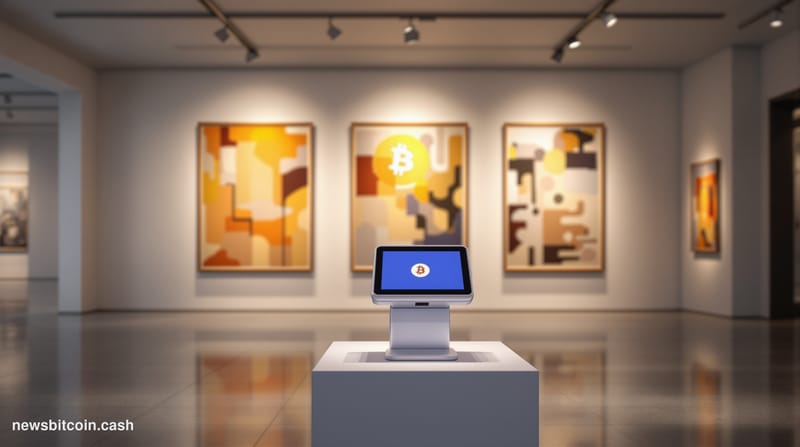 A cinematic photorealistic editorial photograph showing an upscale art gallery interior with contemporary paintings displayed