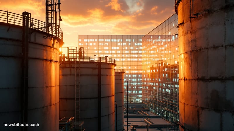 A cinematic photorealistic editorial photograph showing the juxtaposition of traditional commodity trading and modern crypto 