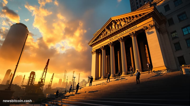 A cinematic photorealistic editorial photograph showing the imposing facade of the New York Stock Exchange building in lower 