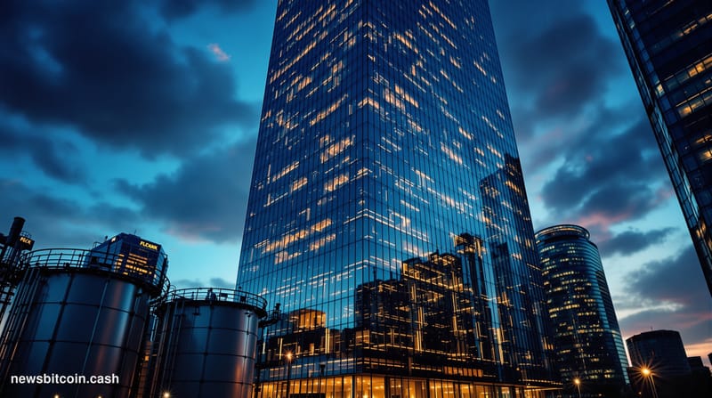A cinematic photorealistic editorial photograph showing the towering glass facade of Intercontinental Exchange's headquarters