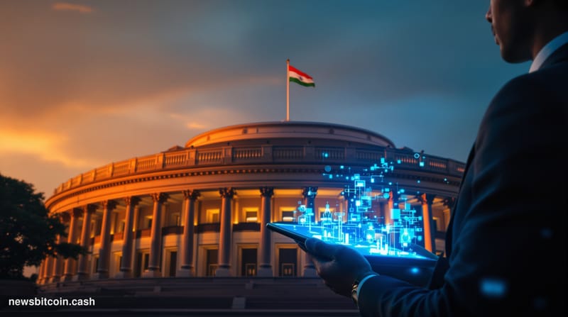 A cinematic photorealistic editorial photograph capturing India's cryptocurrency regulatory tension. The scene shows the impo