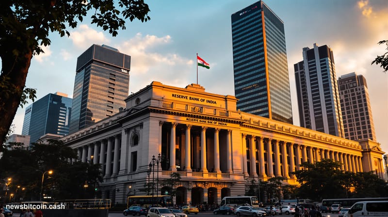 Cinematic photorealistic editorial photograph of the Reserve Bank of India headquarters in Mumbai during golden hour, with dr