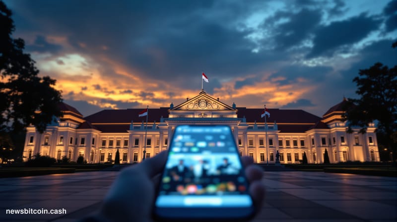 A cinematic photorealistic editorial photograph showing the Indonesian Presidential Palace (Istana Merdeka) in Jakarta at dus
