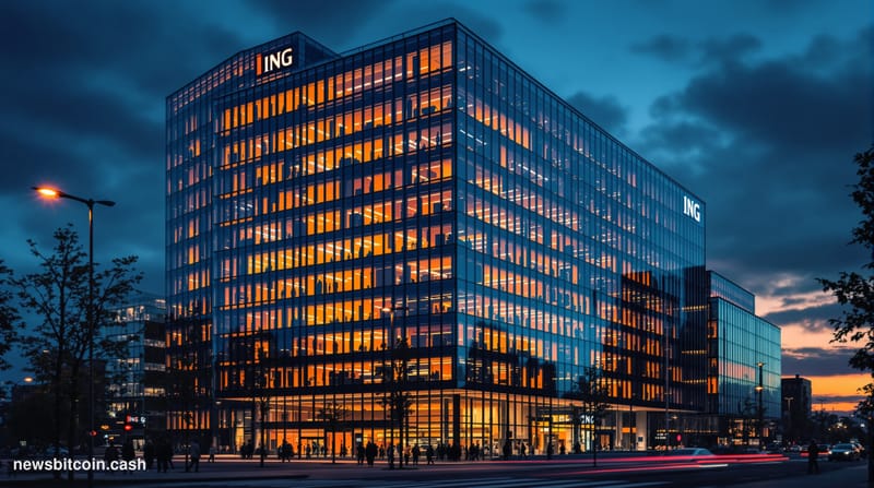 A cinematic photorealistic editorial photograph of ING's iconic headquarters building in Amsterdam, Netherlands, featuring th