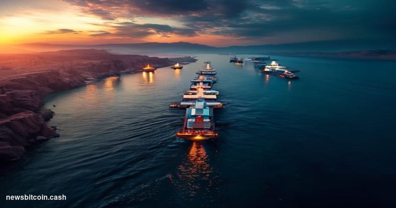 A cinematic photorealistic editorial photograph of the Strait of Hormuz at golden hour, showing massive cargo ships and oil t