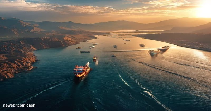 A cinematic photorealistic aerial photograph of the Strait of Hormuz at golden hour, showing the narrow waterway between Iran
