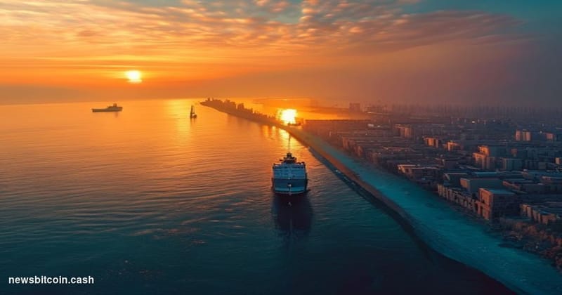 A cinematic photorealistic editorial photograph of the Strait of Hormuz at golden hour, with massive oil tankers and cargo sh