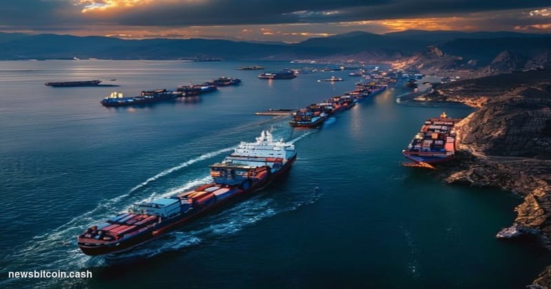 A cinematic photorealistic editorial photograph showing the Strait of Hormuz from an elevated perspective, with massive cargo