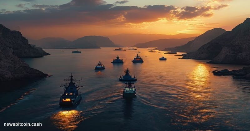 A cinematic photorealistic editorial photograph showing the Strait of Hormuz at dusk, with Iranian naval vessels visible in t