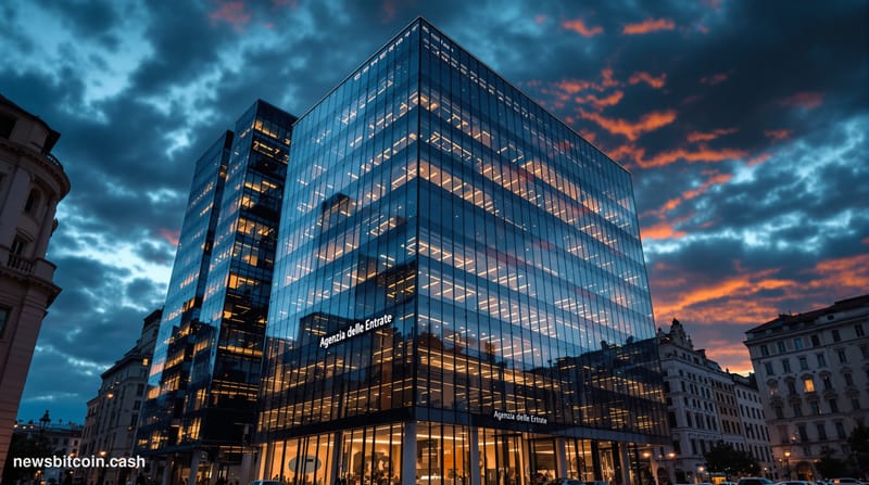 A cinematic photorealistic editorial photograph showing the Italian financial district in Rome or Milan at dusk, with modern 