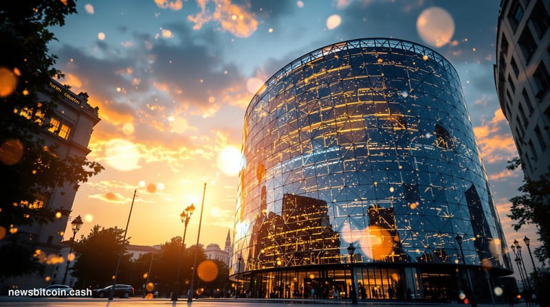 A cinematic photorealistic editorial photograph of Intesa Sanpaolo's iconic Turin headquarters building at golden hour, shot 