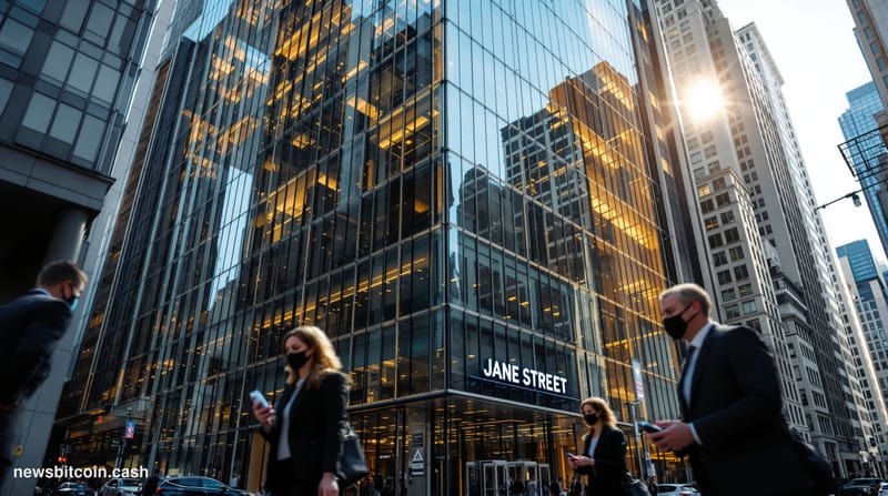 A cinematic photorealistic editorial photograph of Jane Street's distinctive modern trading headquarters in New York's Financ