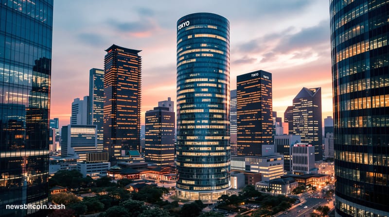 A cinematic photorealistic editorial photograph of Tokyo's financial district at dusk, showing the iconic skyscrapers of Maru