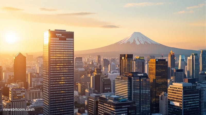 A cinematic photorealistic editorial photograph showcasing Tokyo's financial district skyline during golden hour, featuring t